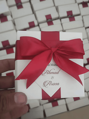 Red Ribbon Nikkah & Wedding Favor Box Name Tag UK - Personalized Square Box