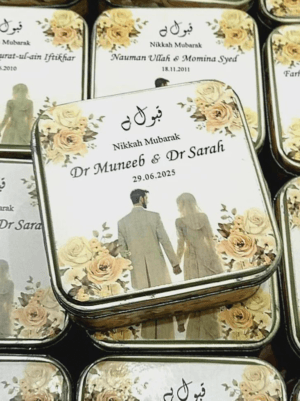 Personalized Nikkah Mubarak Square Tin Boxes UK - Floral Wedding Favors