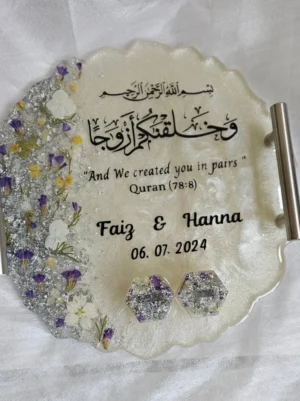Handmade Personalized Islamic Wedding Resin Tray UK – Silver Flakes & Floral