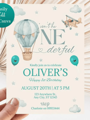 Hot Air Balloon 1st Birthday Invitation Template UK