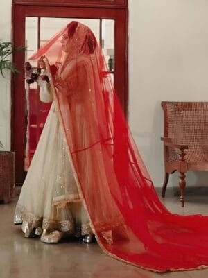 Red Bridal Nikkah Dupatta, Kiran Lace UK - Pakistani Wedding Veil Trail